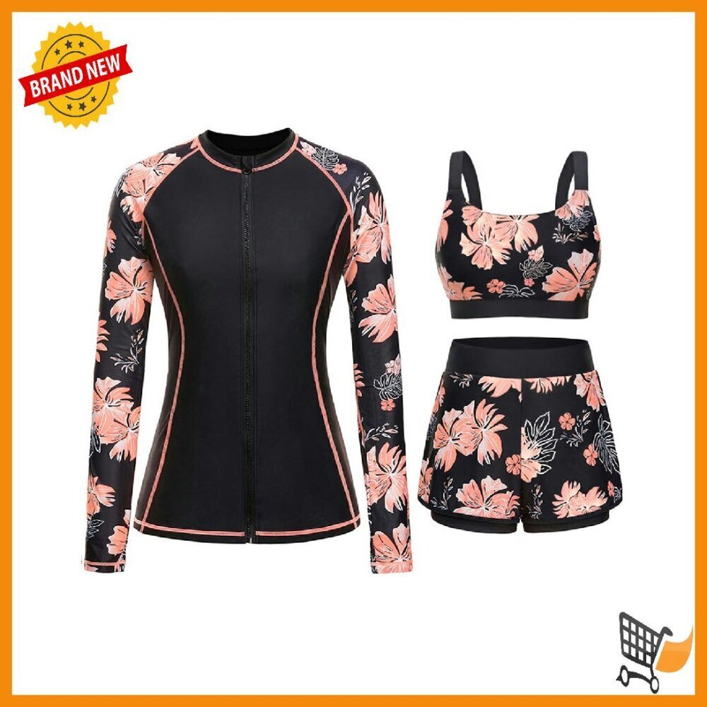 Long Sleeve Rash Guard Set with Shorts SPF 50+ Zip Up